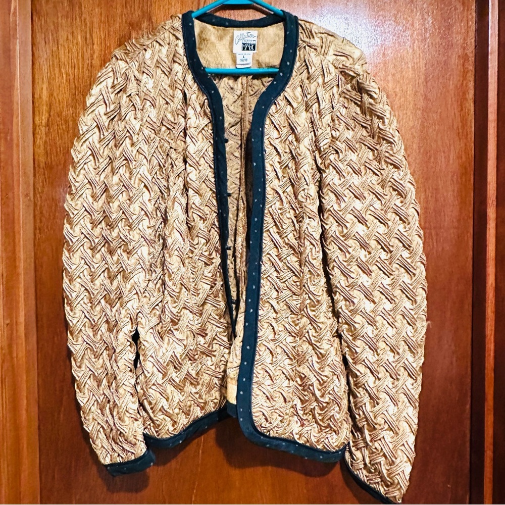 Vtg Jeanne Marc 80s Baskeweave Pucker Gold Cardigan Evening Jacket Size Large